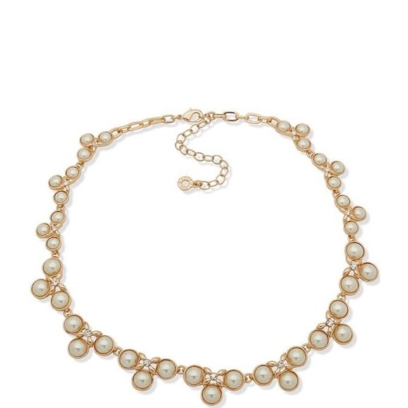 Anne Klein Gold Tone Pearl Crystal Fancy Collar Necklace - Picture 1 of 5